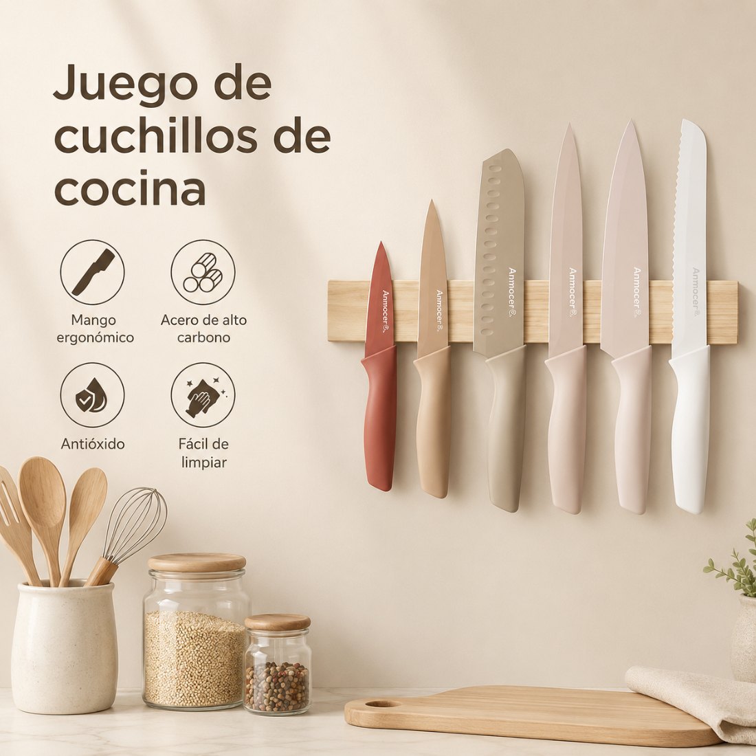 Juego de cuchillos de cocina en barra magnética